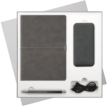 Portobello Подарочный набор Ин Велюр (In Velour), серый (ежедневник, ручка, аккумулятор) с логотипом на заказ