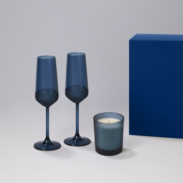 Portobello Подарочный набор свеча Enigma + 2 бокала для шампанского Sapphire в синей коробке с логотипом на заказ