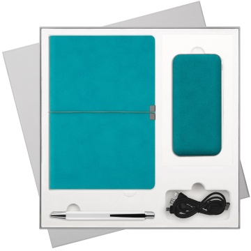 Portobello Подарочный набор In Velour, бирюзовый (ежедневник, ручка, аккумулятор) с логотипом на заказ