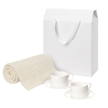 Portobello Подарочный набор Мокко (Mokko), Фадо (Fado), бежевый в коробке-пакете (две чайных пары, плед) с логотипом на заказ