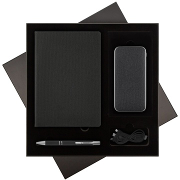 Portobello Подарочный набор Tweed, черный (ежедневник, ручка, аккумулятор) с логотипом на заказ