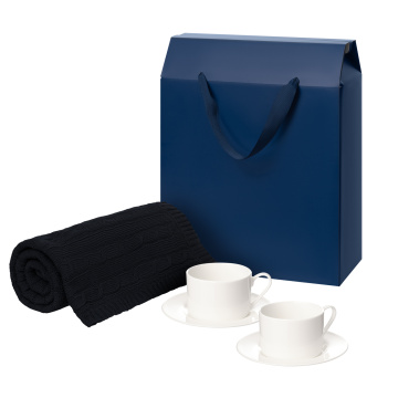 Portobello Подарочный набор Mokko, Fado, темно-синий в коробке-пакете (две чайных пары, плед) с логотипом на заказ