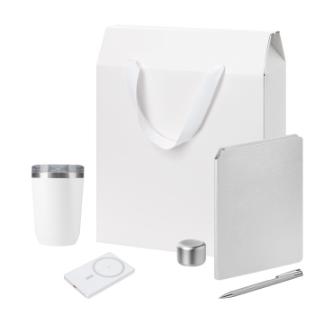 Portobello Подарочный набор Welcome Pack Premium, серебряный (термокружка, колонка, ежедневник, ручка, ЗУ, коробка-пакет) с логотипом на заказ