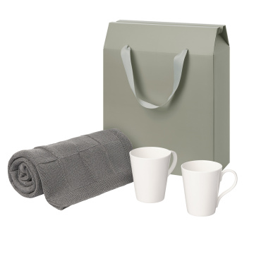 Portobello Подарочный набор Веста (Vesta), Селла (Cella), серый в коробке-пакете (две фарфоровых кружки, плед) с логотипом на заказ