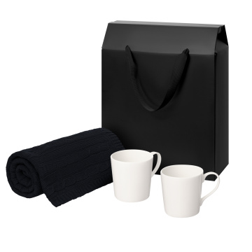 Portobello Подарочный набор Siena, Fado, темно-синий в черной коробке-пакете (две фарфоровых кружки, плед) с логотипом на заказ